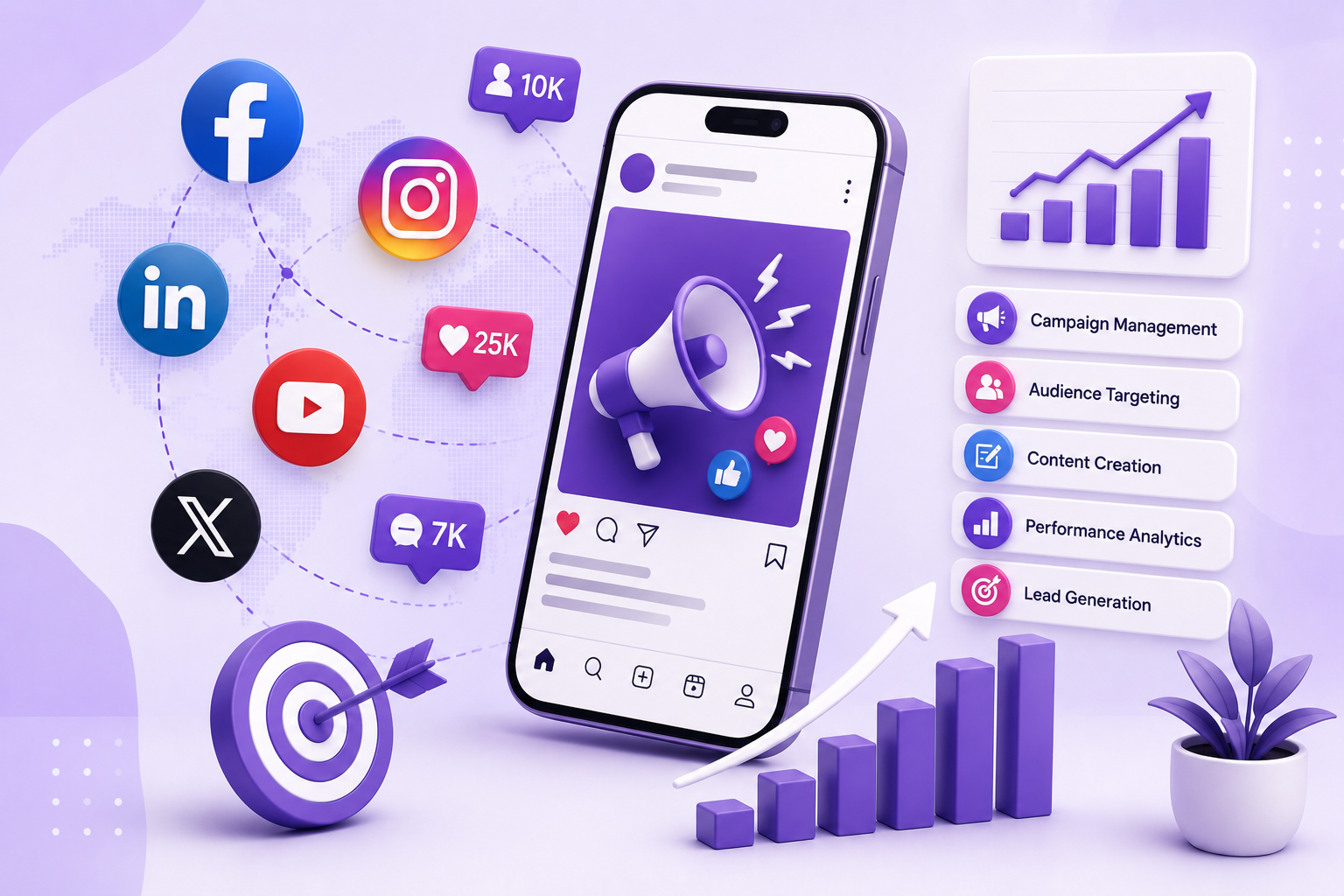 Social media marketing illustration featuring a smartphone, social media platforms, audience engagement, content marketing, campaign management, and business growth.