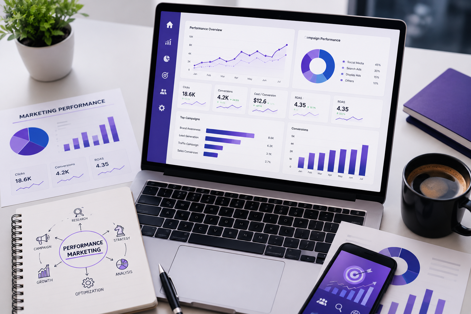 Performance marketing dashboard displaying campaign analytics, conversion tracking, ROI monitoring, digital advertising metrics, and business growth insights.