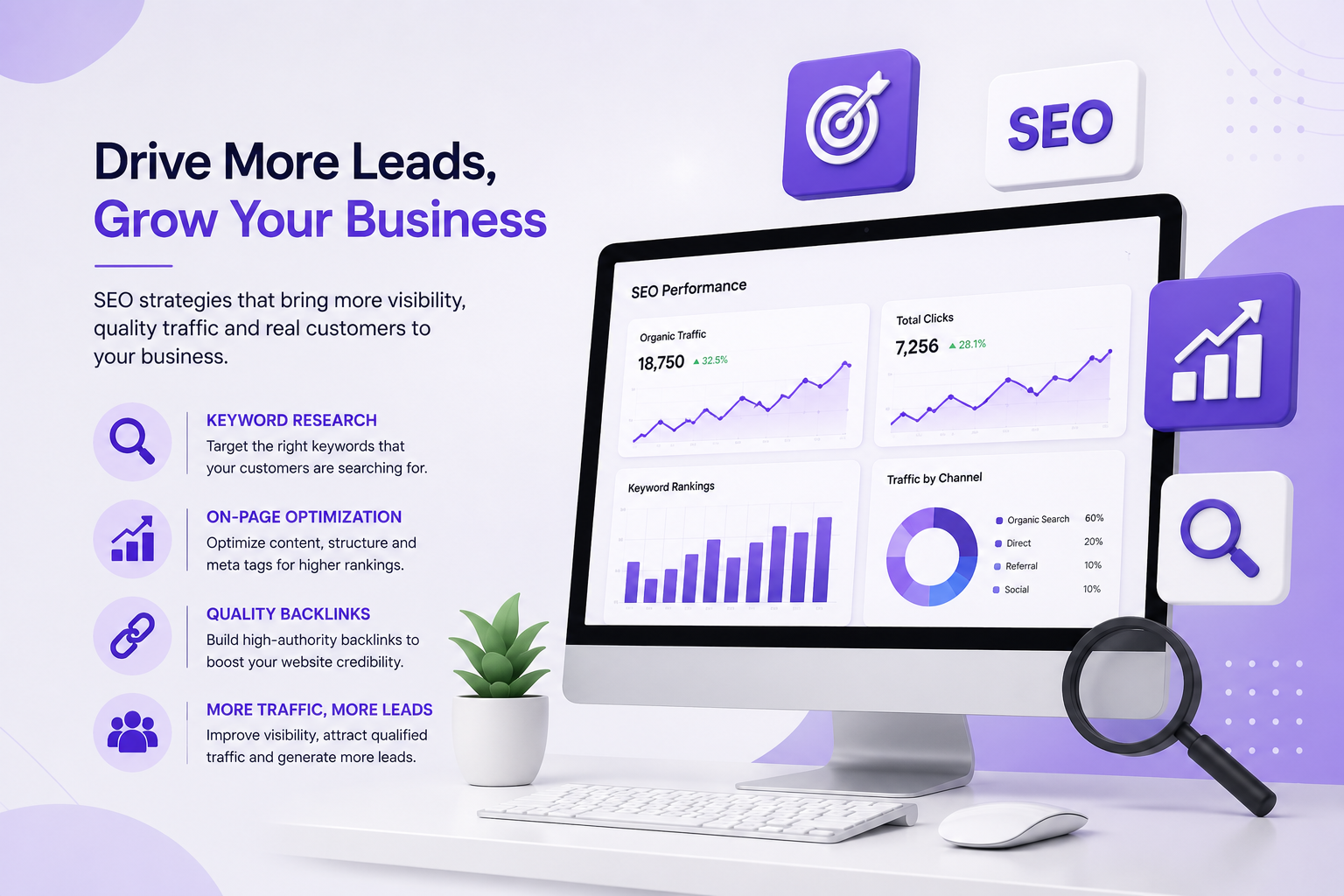 SEO lead generation dashboard displaying keyword research, website analytics, organic traffic growth, search engine optimization, and digital marketing performance.