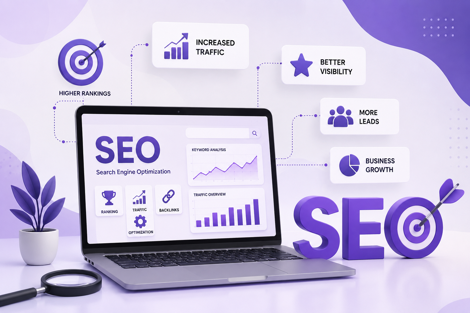 SEO lead generation dashboard displaying keyword research, website analytics, organic traffic growth, search engine optimization, and digital marketing performance.
