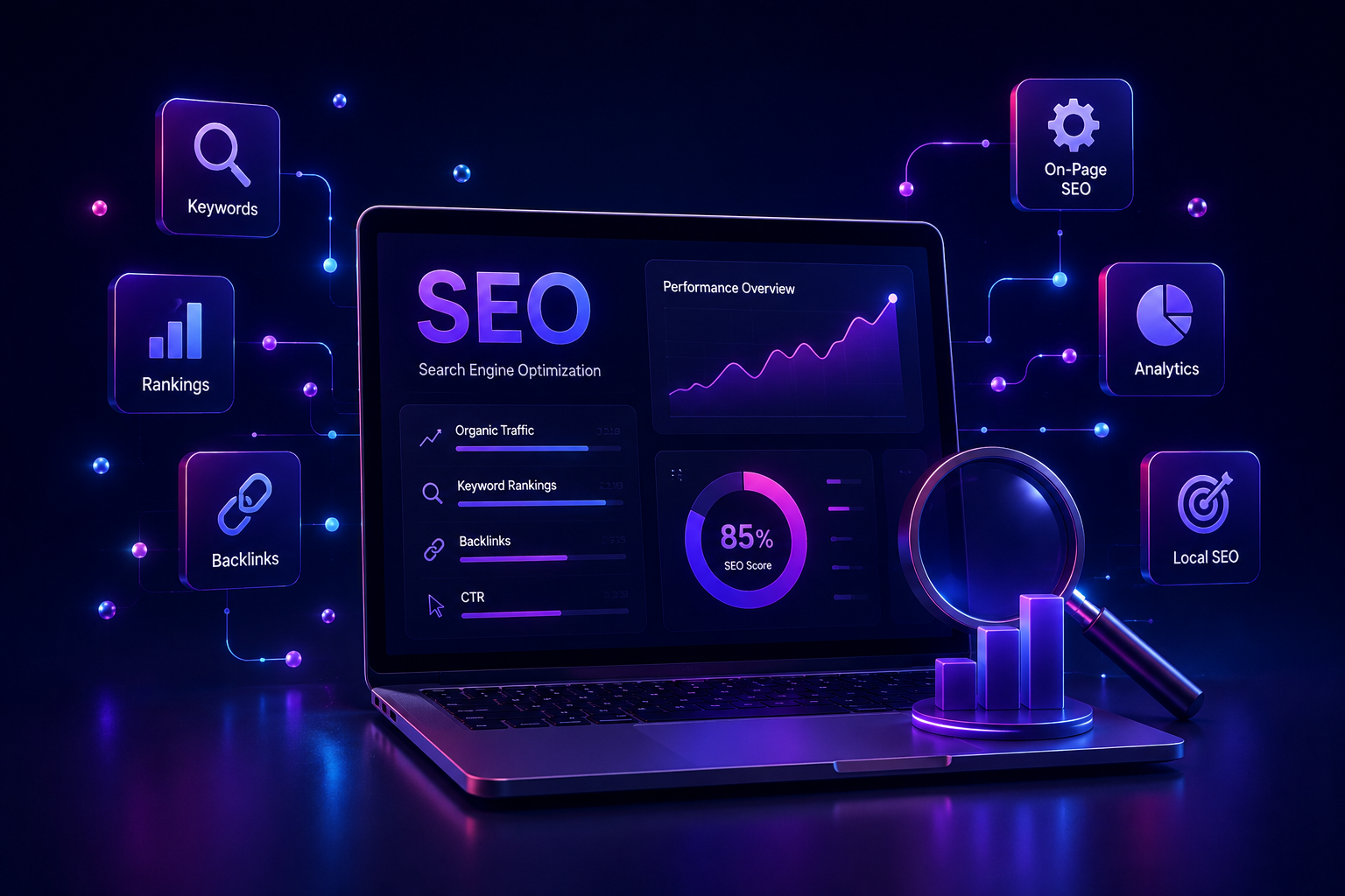3D SEO dashboard with keyword rankings, analytics, backlinks, and search performance metrics.