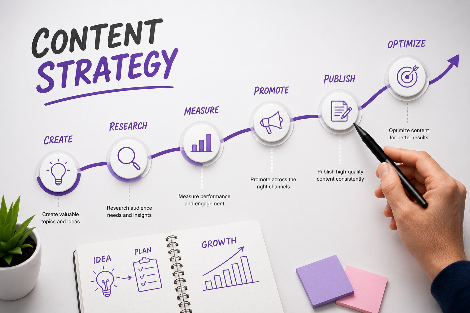 Content strategy workflow illustrating content planning, audience research, content creation, promotion, publishing, optimization, and performance tracking.