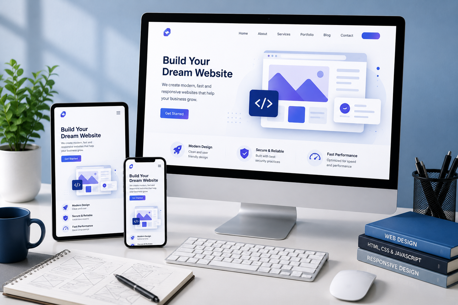 Responsive website displayed across desktop, tablet, and mobile devices, illustrating modern web design, cross-device compatibility, and responsive development.