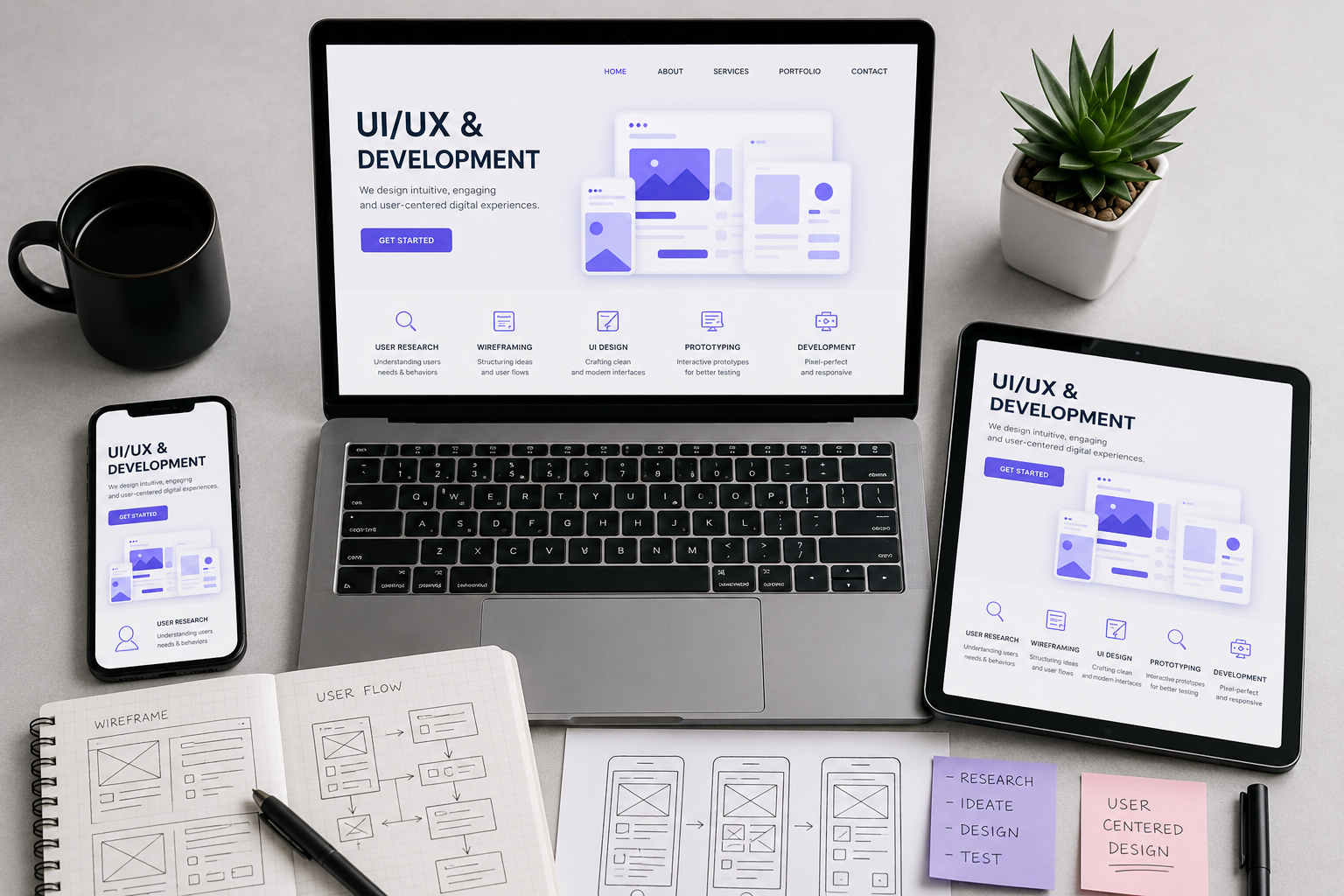 UI/UX design workspace featuring a laptop, tablet, smartphone, wireframes, user flow sketches, and responsive interface design for web and mobile applications.