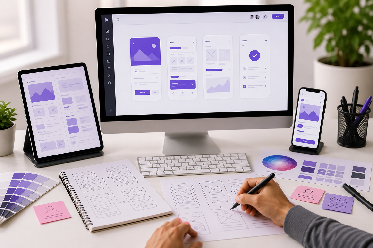 UI/UX design workspace featuring a laptop, tablet, smartphone, wireframes, user flow sketches, and responsive interface design for web and mobile applications.