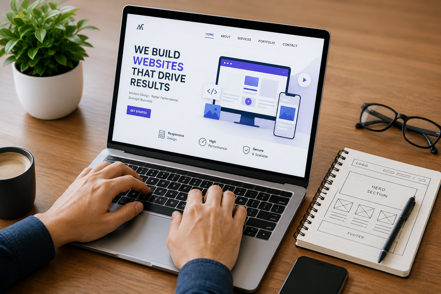 Professional website development workspace featuring a laptop with a responsive website design, wireframes, coding interface, and modern web development tools.