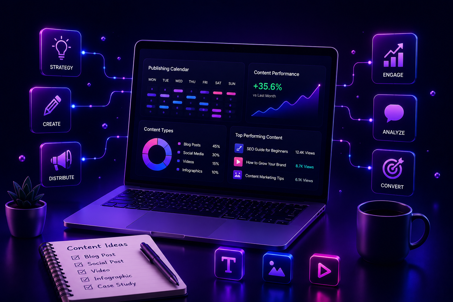 Content marketing dashboard with editorial planning, content analytics, publishing workflow, and performance insights.