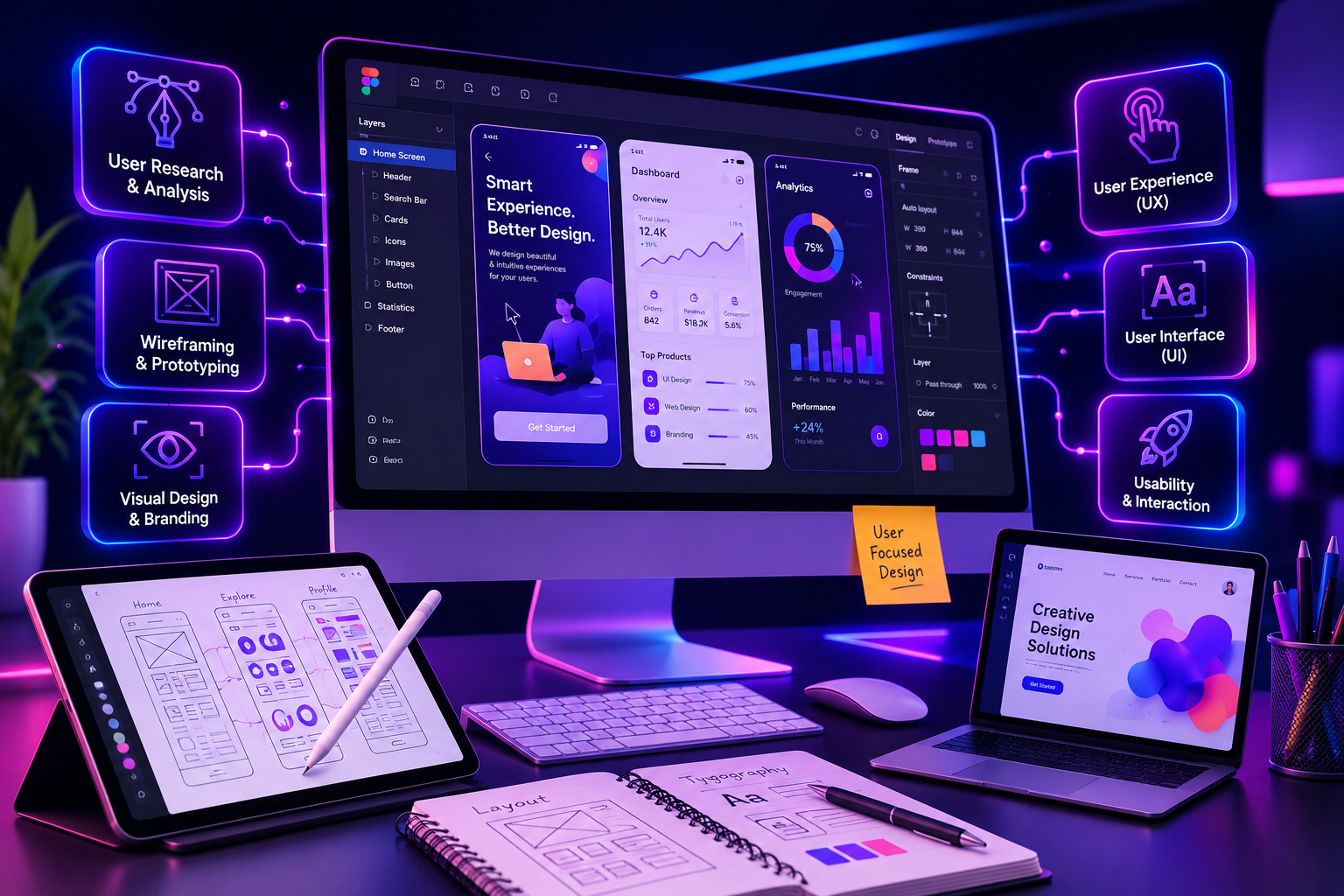 Modern UI/UX design workspace featuring wireframes, prototypes, user interface screens, and user experience design tools.
