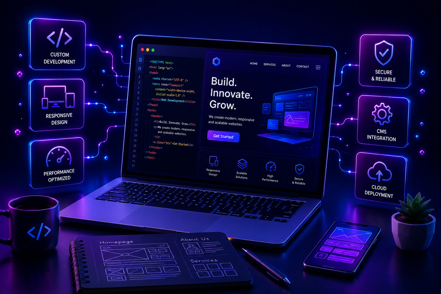 Modern website development illustration featuring responsive web design, coding, UI/UX, and cloud-based web solutions.