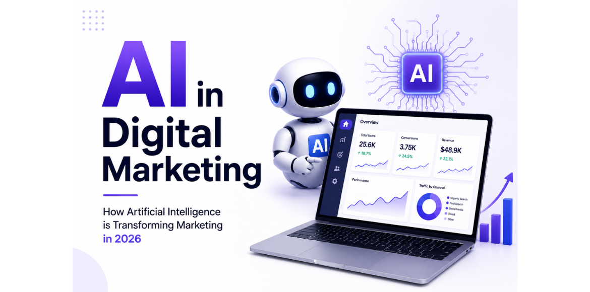 AI in Digital Marketing cover image featuring an AI robot, marketing analytics dashboard, artificial intelligence chip, and growth graph illustrating AI-powered marketing strategies in 2026.