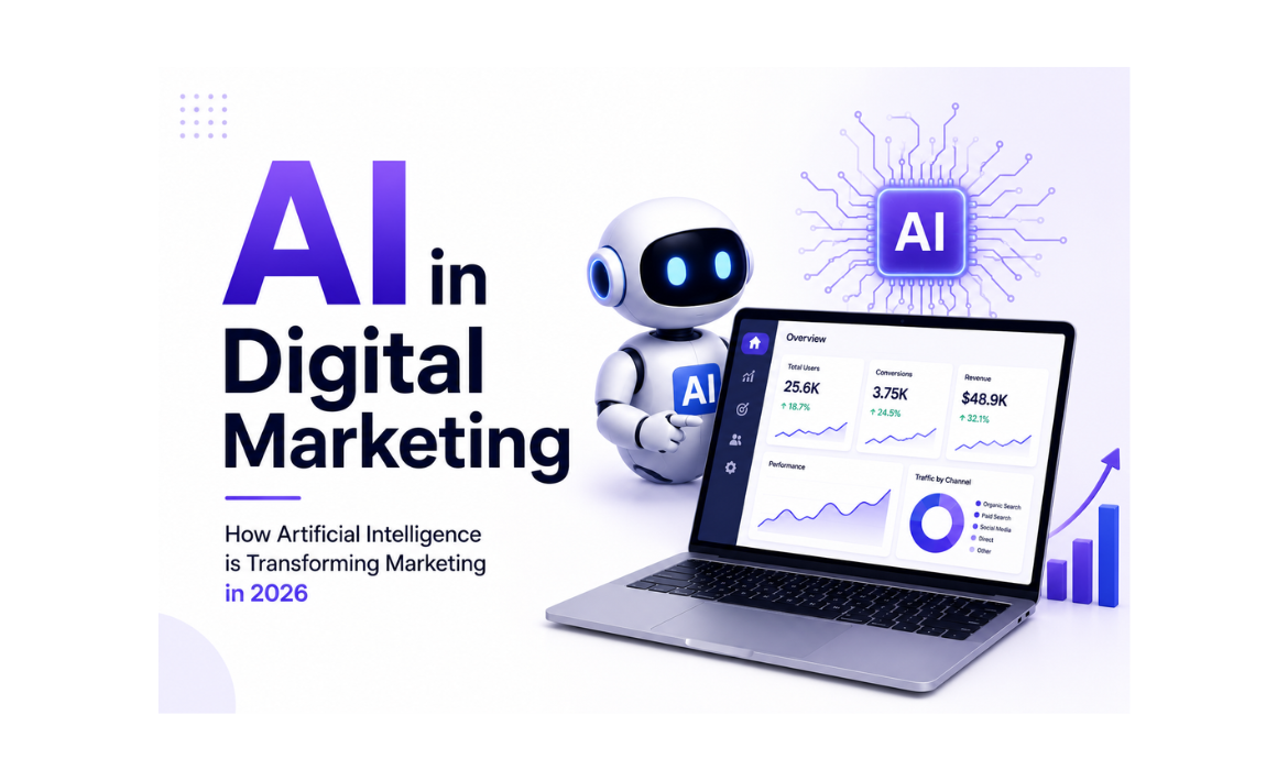 AI in Digital Marketing cover image featuring an AI robot, marketing analytics dashboard, artificial intelligence chip, and growth graph illustrating AI-powered marketing strategies in 2026.