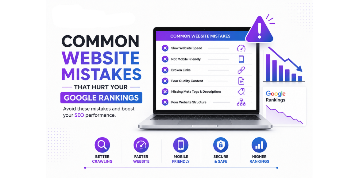 Infographic highlighting common website mistakes that hurt Google rankings, including slow website speed, poor mobile responsiveness, broken links, low-quality content, missing meta tags, and poor website structure.