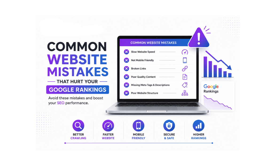 Infographic highlighting common website mistakes that hurt Google rankings, including slow website speed, poor mobile responsiveness, broken links, low-quality content, missing meta tags, and poor website structure.