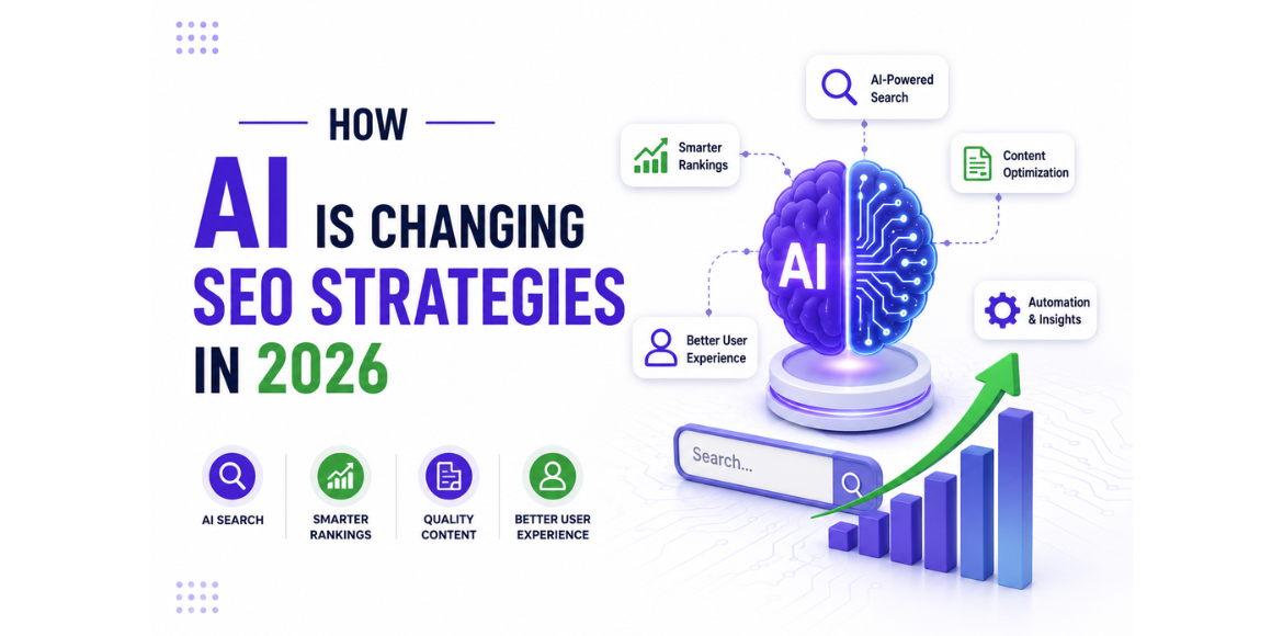 Infographic illustrating how AI is transforming SEO strategies in 2026, highlighting AI-powered search, content optimization, automation, smarter rankings, and enhanced user experience to improve search performance.