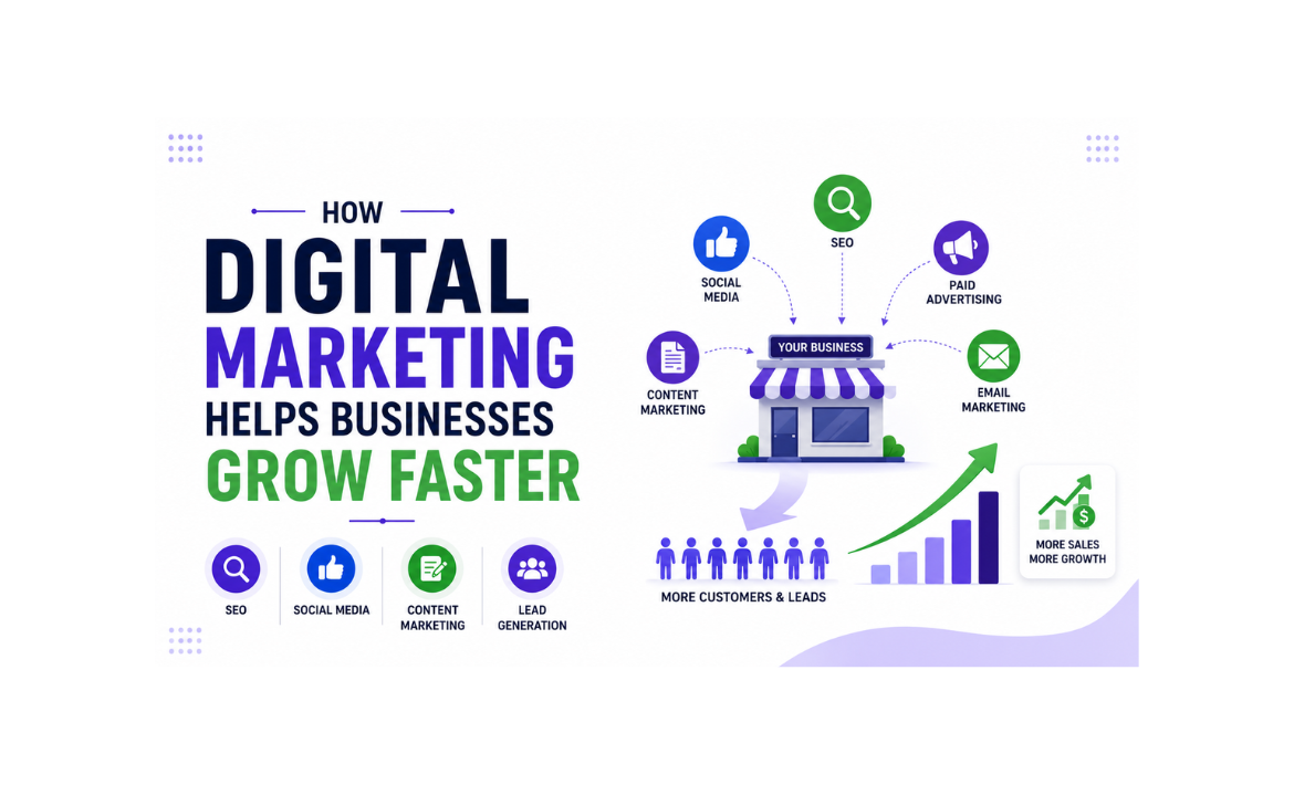 Infographic illustrating how digital marketing helps businesses grow faster through SEO, social media marketing, content marketing, email marketing, paid advertising, and lead generation, resulting in increased customers, sales, and business growth.