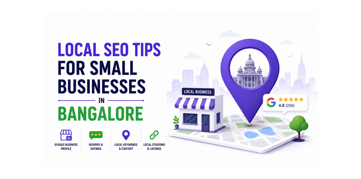 Infographic featuring local SEO tips for small businesses in Bangalore, highlighting Google Business Profile optimization, customer reviews, local keywords, citations, and business listings to improve local search visibility.