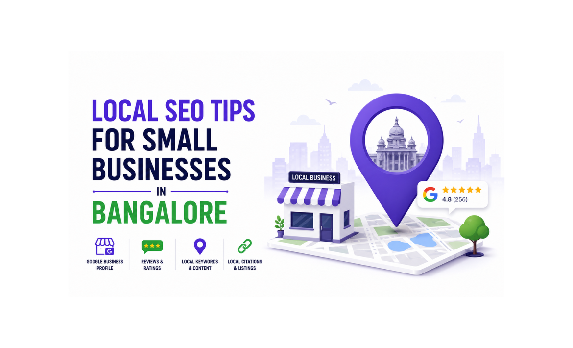 Infographic featuring local SEO tips for small businesses in Bangalore, highlighting Google Business Profile optimization, customer reviews, local keywords, citations, and business listings to improve local search visibility.