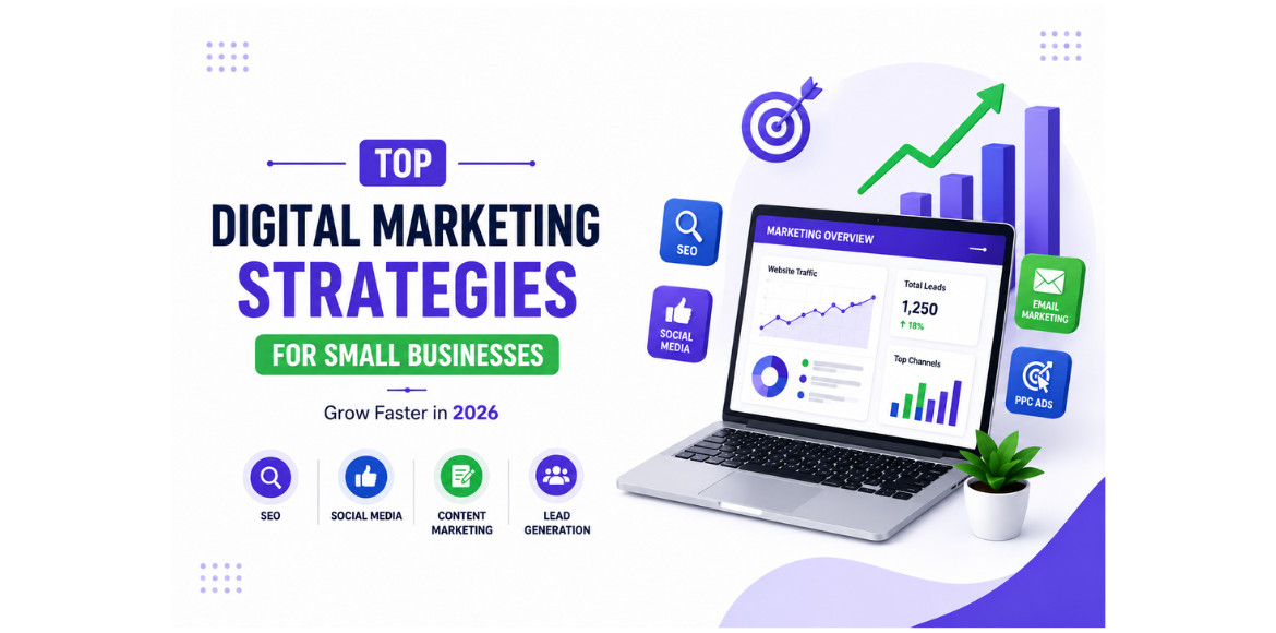 Infographic showcasing top digital marketing strategies for small businesses in 2026, including SEO, social media marketing, content marketing, lead generation, email marketing, and PPC advertising to drive growth and customer acquisition.