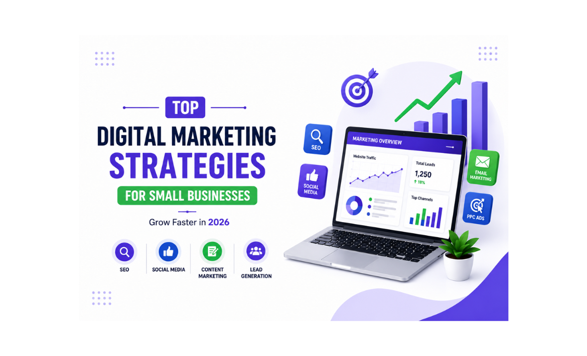 Infographic showcasing top digital marketing strategies for small businesses in 2026, including SEO, social media marketing, content marketing, lead generation, email marketing, and PPC advertising to drive growth and customer acquisition.