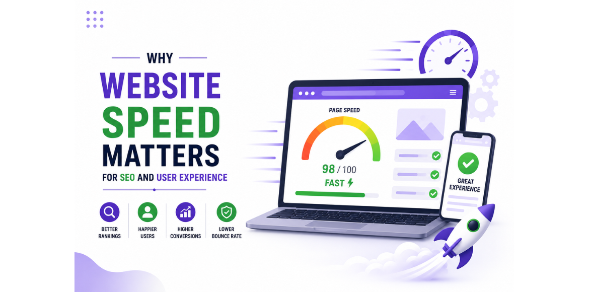 Infographic explaining why website speed matters for SEO and user experience, featuring a page speed score, performance dashboard, and benefits such as higher rankings, improved user satisfaction, increased conversions, and lower bounce rates.