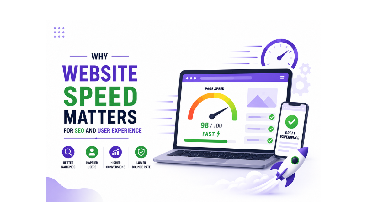 Infographic explaining why website speed matters for SEO and user experience, featuring a page speed score, performance dashboard, and benefits such as higher rankings, improved user satisfaction, increased conversions, and lower bounce rates.
