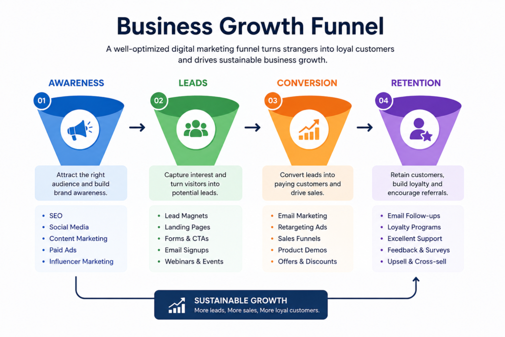 Business growth funnel showing awareness, leads, conversion, and retention stages in digital marketing