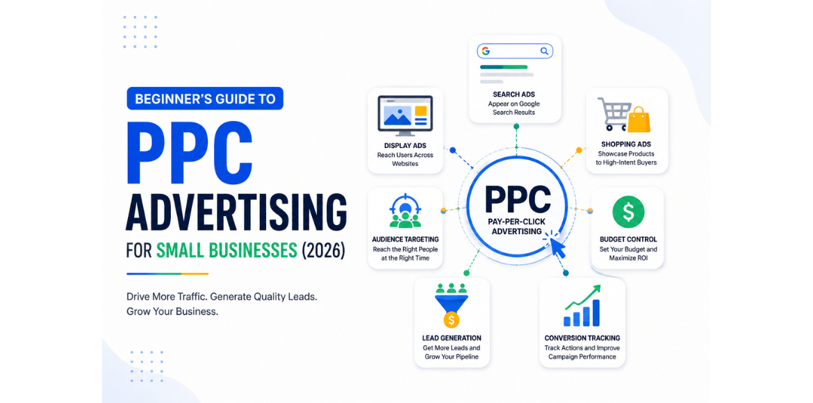 Beginner’s Guide to PPC Advertising for Small Businesses (2026) (1) Infographic introducing PPC advertising for small businesses in 2026, explaining key components such as search ads, display ads, shopping ads, audience targeting, lead generation, conversion tracking, and budget management.