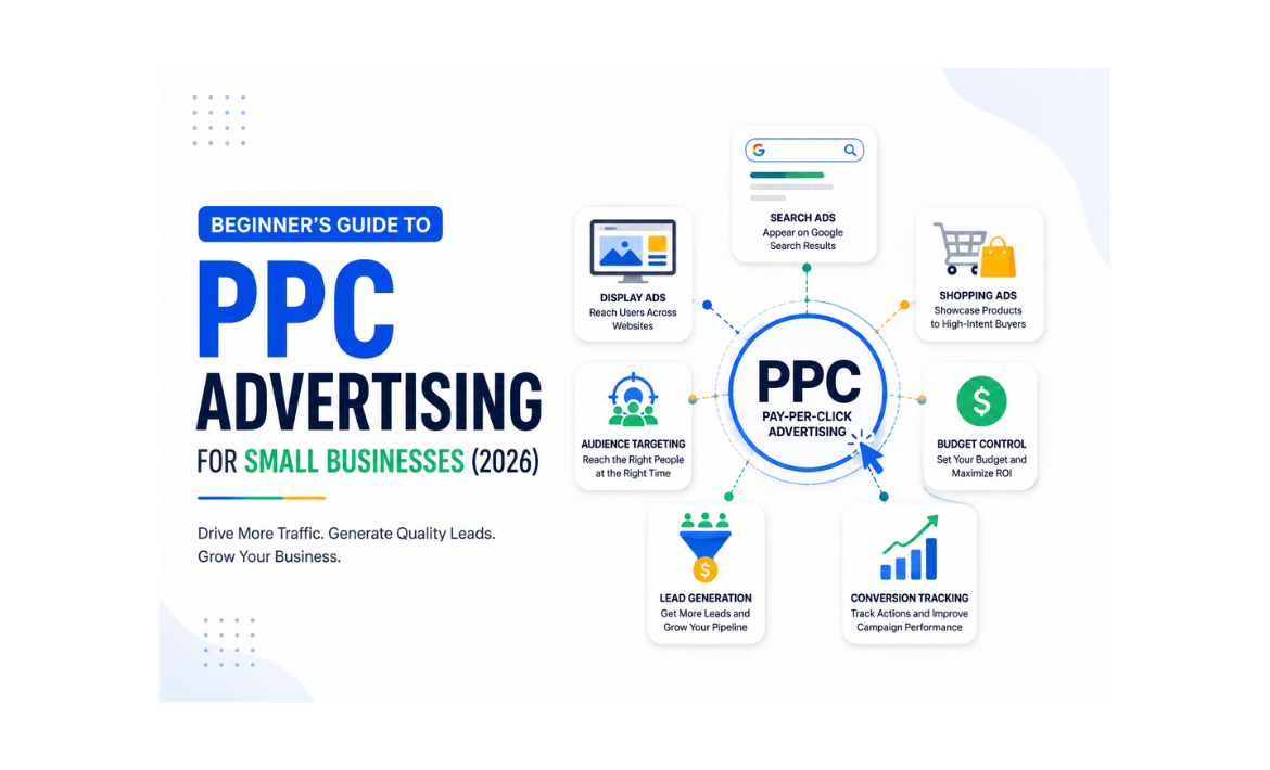 Infographic introducing PPC advertising for small businesses in 2026, explaining key components such as search ads, display ads, shopping ads, audience targeting, lead generation, conversion tracking, and budget management.