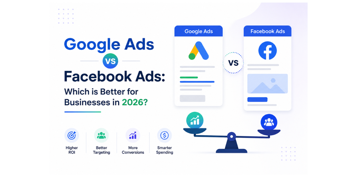 Infographic comparing Google Ads and Facebook Ads for businesses in 2026, highlighting key factors such as ROI, audience targeting, conversions, and advertising budget efficiency to help businesses choose the right platform.