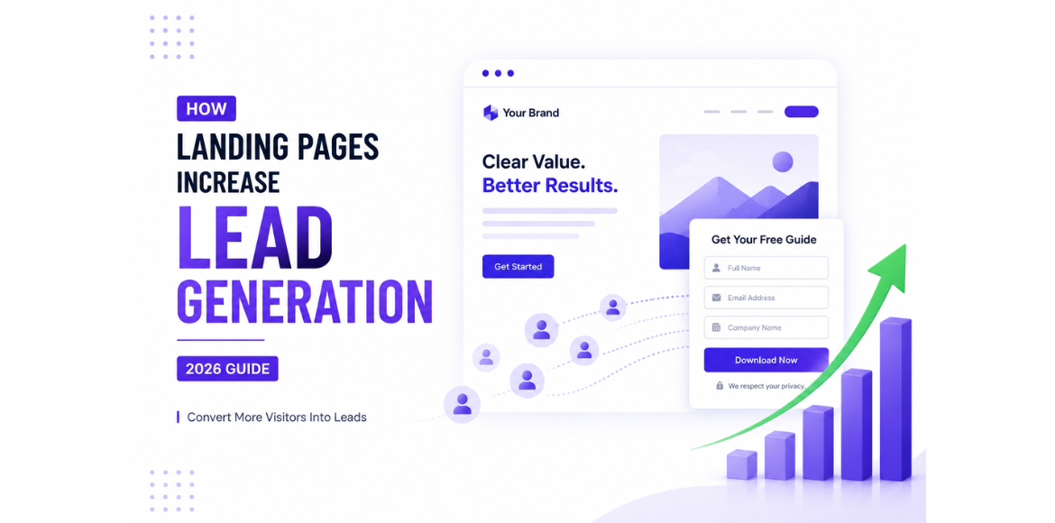How Landing Pages Increase Lead Generation (2026 Guide) Infographic explaining how landing pages increase lead generation in 2026, featuring a lead capture form, visitor-to-lead conversion flow, and growth chart illustrating increased conversions and business growth.