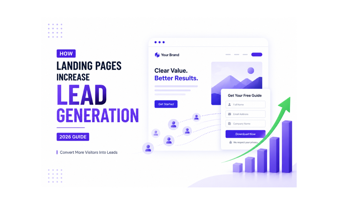 Infographic explaining how landing pages increase lead generation in 2026, featuring a lead capture form, visitor-to-lead conversion flow, and growth chart illustrating increased conversions and business growth.