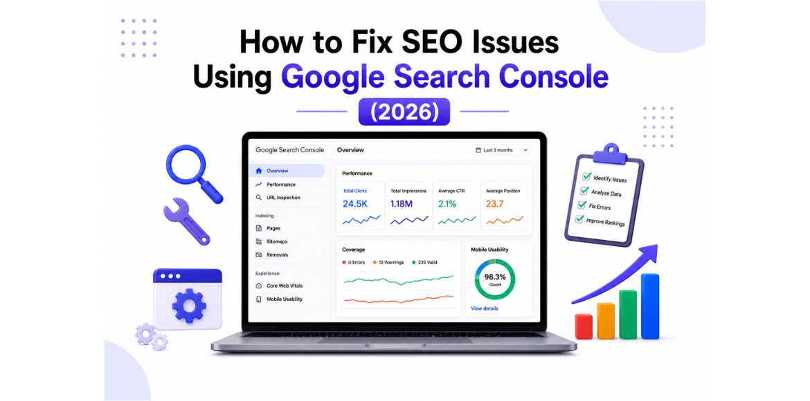 Infographic showing how to fix SEO issues using Google Search Console in 2026, featuring performance metrics, indexing reports, Core Web Vitals, mobile usability insights, and steps to identify and resolve website SEO problems.