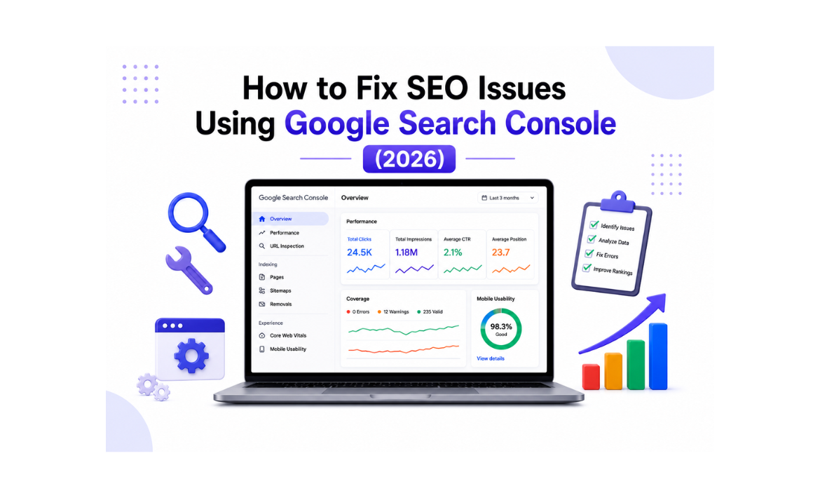 Infographic showing how to fix SEO issues using Google Search Console in 2026, featuring performance metrics, indexing reports, Core Web Vitals, mobile usability insights, and steps to identify and resolve website SEO problems.