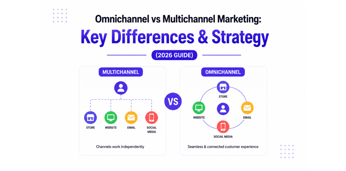 Infographic comparing Omnichannel and Multichannel Marketing strategies, showing independent marketing channels in multichannel marketing versus interconnected channels in omnichannel marketing for a seamless customer experience. Includes website, email, social media, and store touchpoints.