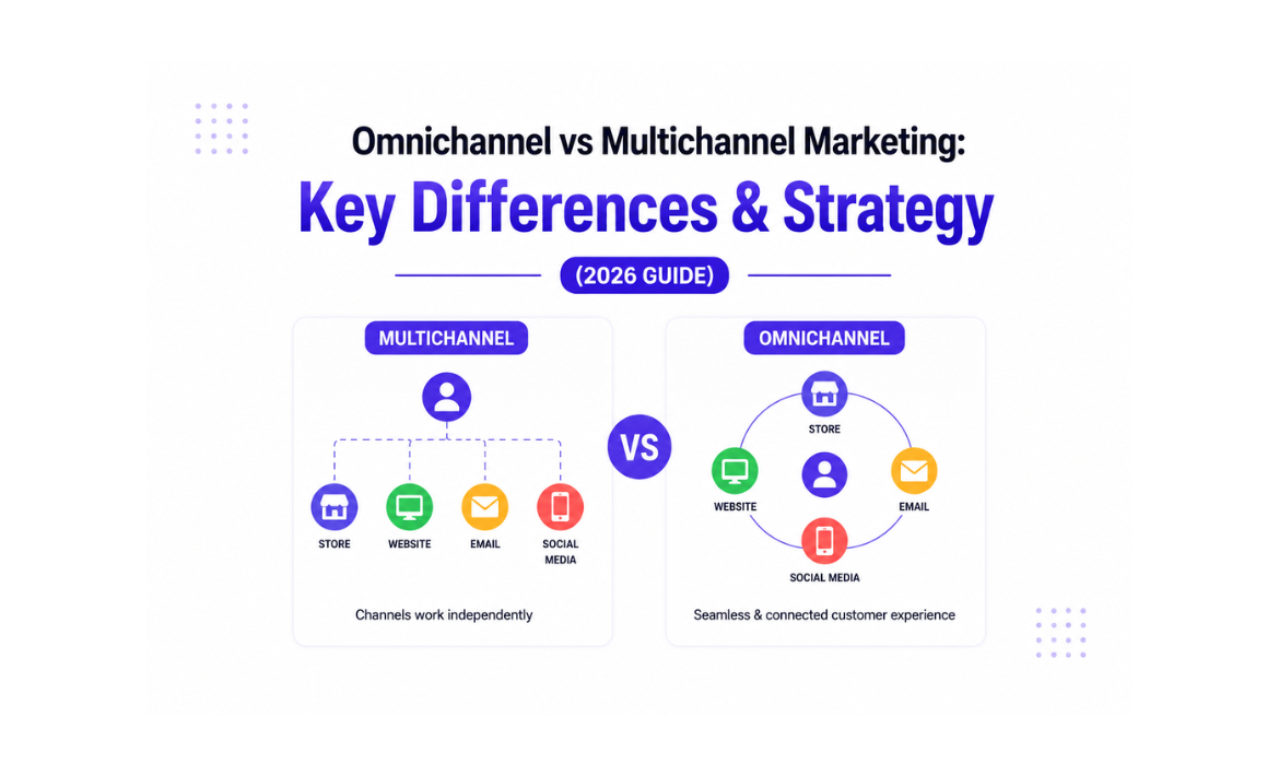 Infographic comparing Omnichannel and Multichannel Marketing strategies, showing independent marketing channels in multichannel marketing versus interconnected channels in omnichannel marketing for a seamless customer experience. Includes website, email, social media, and store touchpoints.