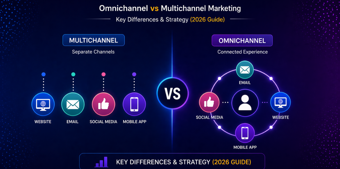 Omnichannel vs multichannel marketing comparison showing connected vs separate marketing channels