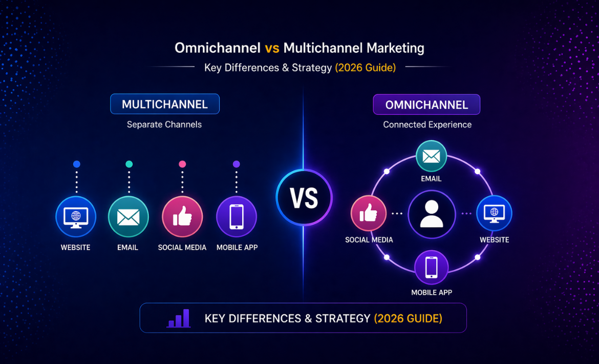 Omnichannel vs multichannel marketing comparison showing connected vs separate marketing channels