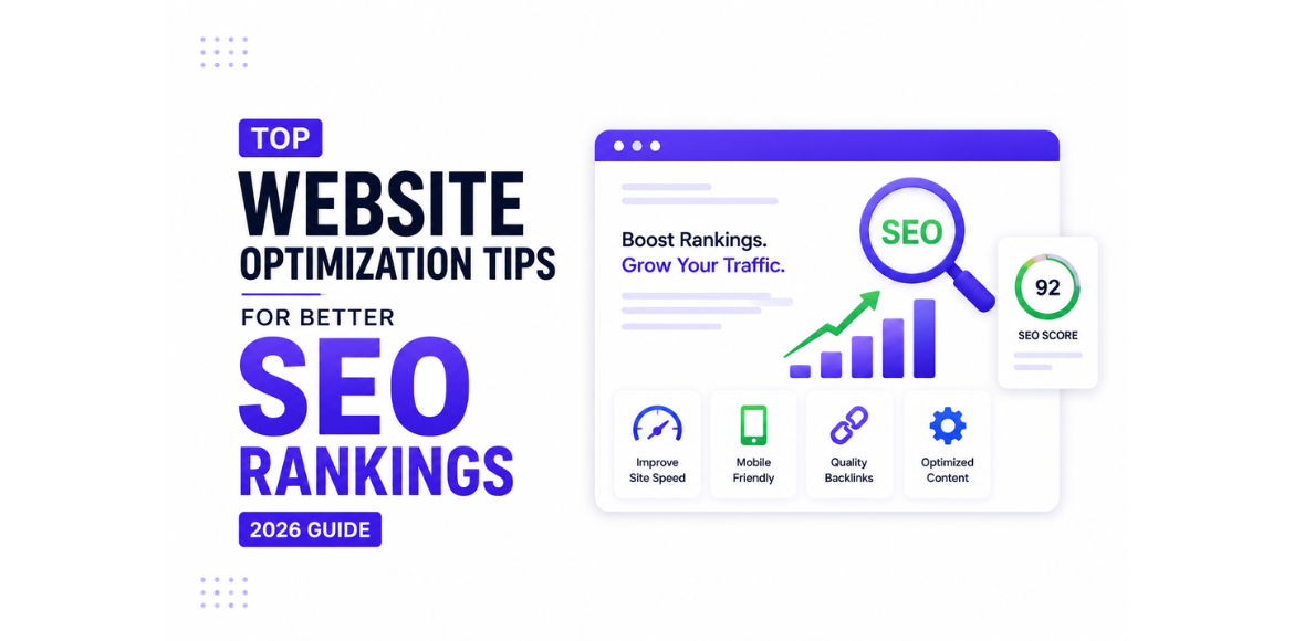 Infographic featuring top website optimization tips for better SEO rankings in 2026, highlighting strategies such as improving site speed, mobile-friendliness, quality backlinks, and optimized content to increase search visibility and organic traffic.