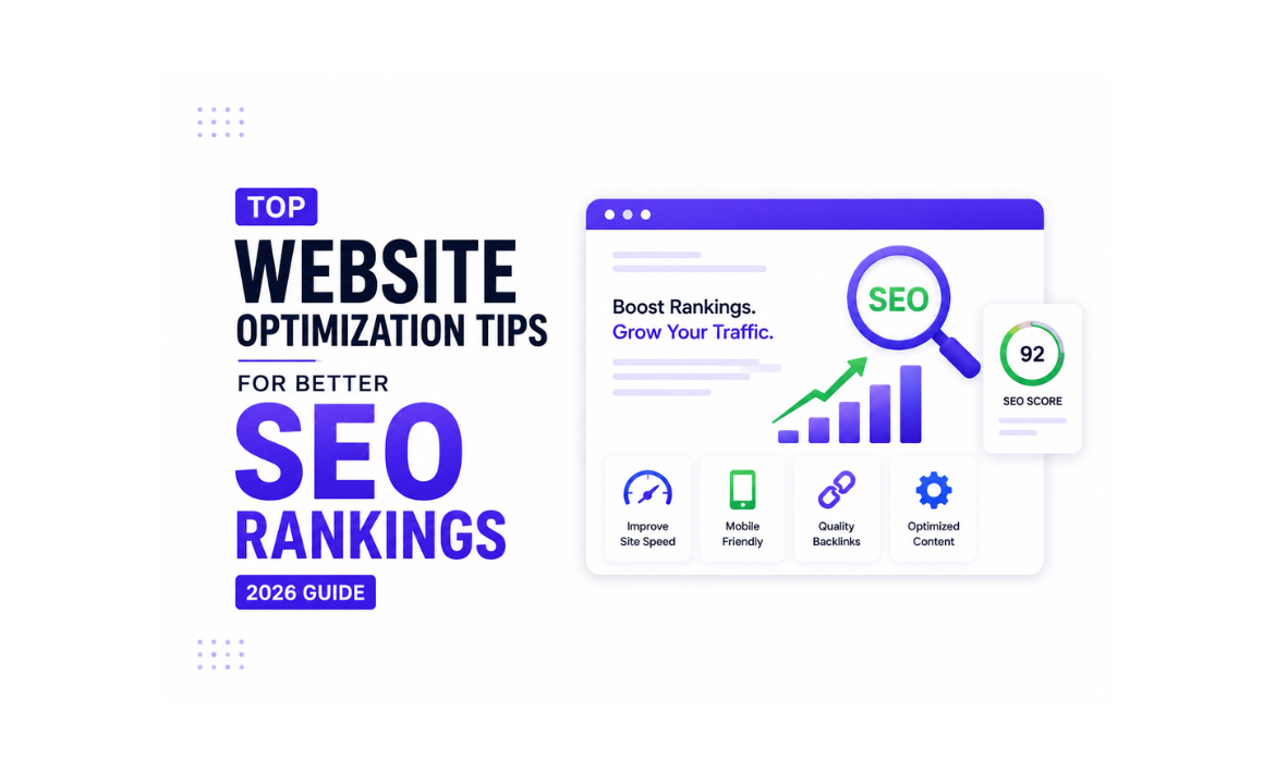 Infographic featuring top website optimization tips for better SEO rankings in 2026, highlighting strategies such as improving site speed, mobile-friendliness, quality backlinks, and optimized content to increase search visibility and organic traffic.