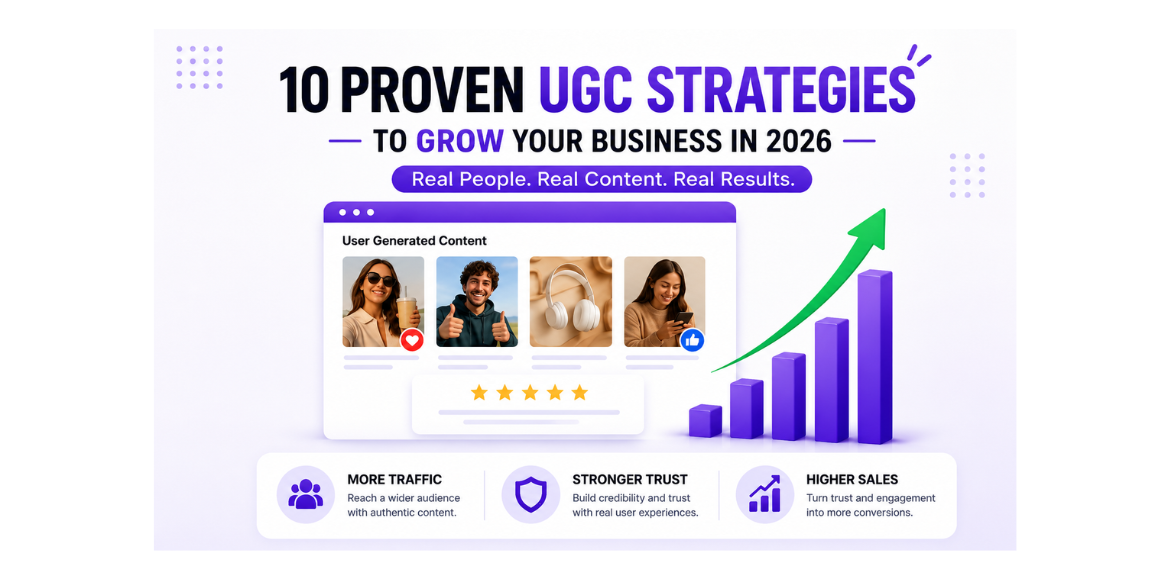 10 Proven UGC Strategies to Grow Your Business in 2026 infographic showing user-generated content marketing, customer reviews, brand trust, traffic growth, and sales increase
