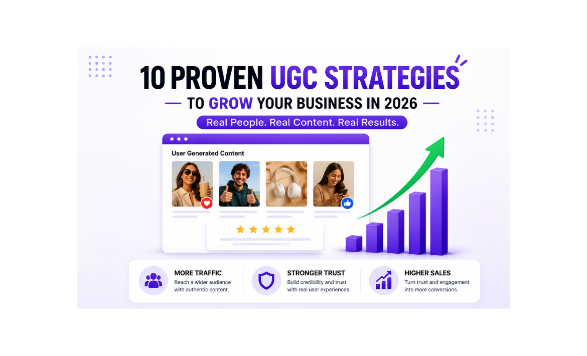 10 Proven UGC Strategies to Grow Your Business in 2026 infographic showing user-generated content marketing, customer reviews, brand trust, traffic growth, and sales increase