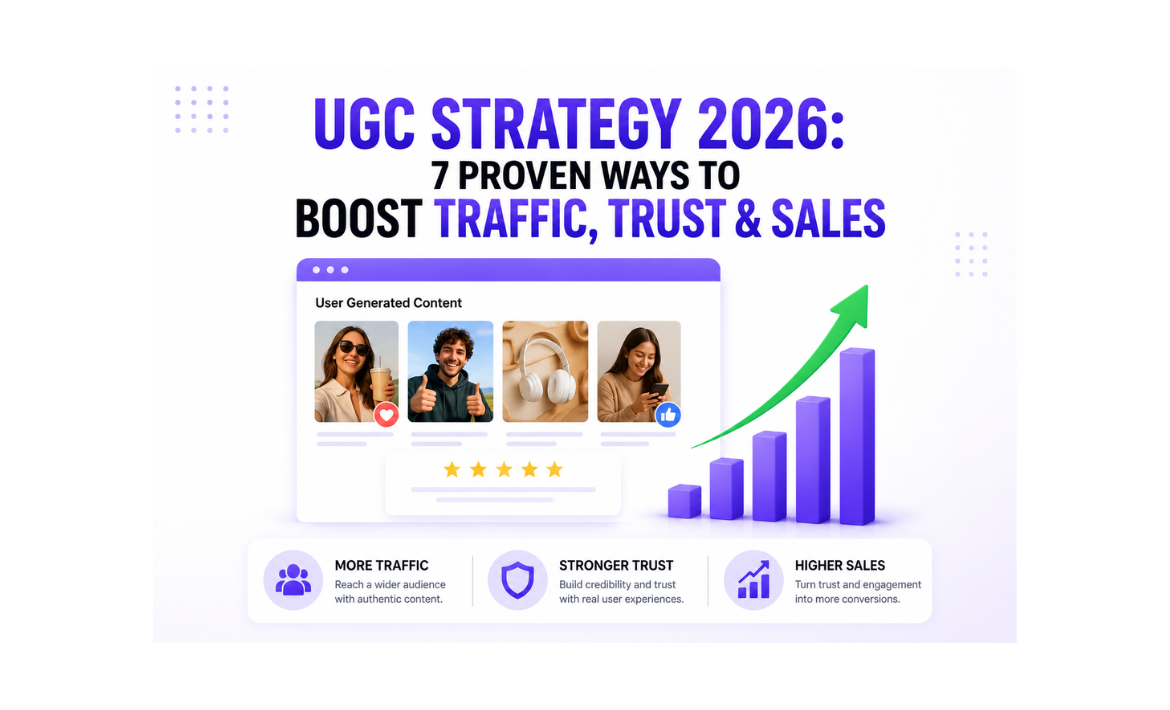 Infographic on UGC Strategy 2026 showing how user-generated content helps boost website traffic, build customer trust, and increase sales through authentic reviews, customer experiences, and social proof.