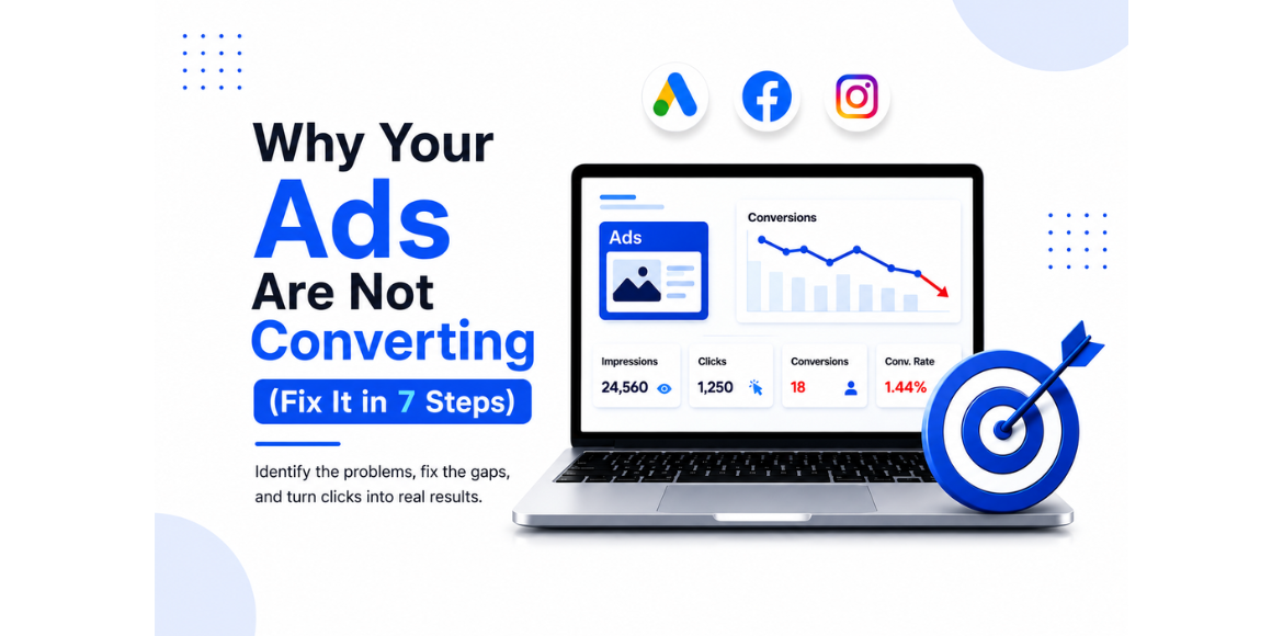 Infographic explaining why digital advertising campaigns are not converting, featuring Google Ads, Facebook, and Instagram icons, conversion metrics, and a 7-step approach to improve ad performance and increase conversions.