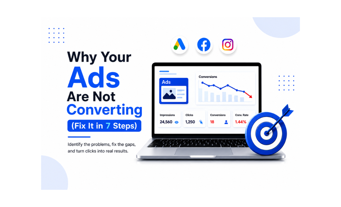 Infographic explaining why digital advertising campaigns are not converting, featuring Google Ads, Facebook, and Instagram icons, conversion metrics, and a 7-step approach to improve ad performance and increase conversions.