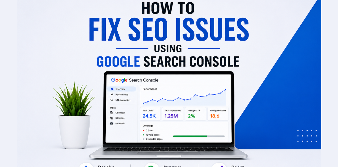 Laptop displaying Google Search Console dashboard with SEO performance metrics and text about fixing SEO issues in 2026.