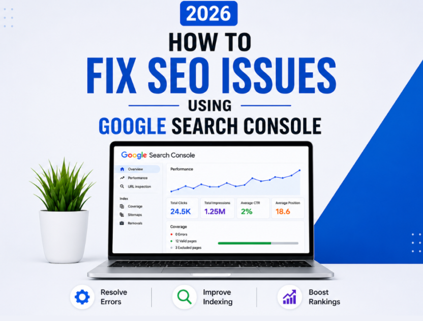Laptop displaying Google Search Console dashboard with SEO performance metrics and text about fixing SEO issues in 2026.