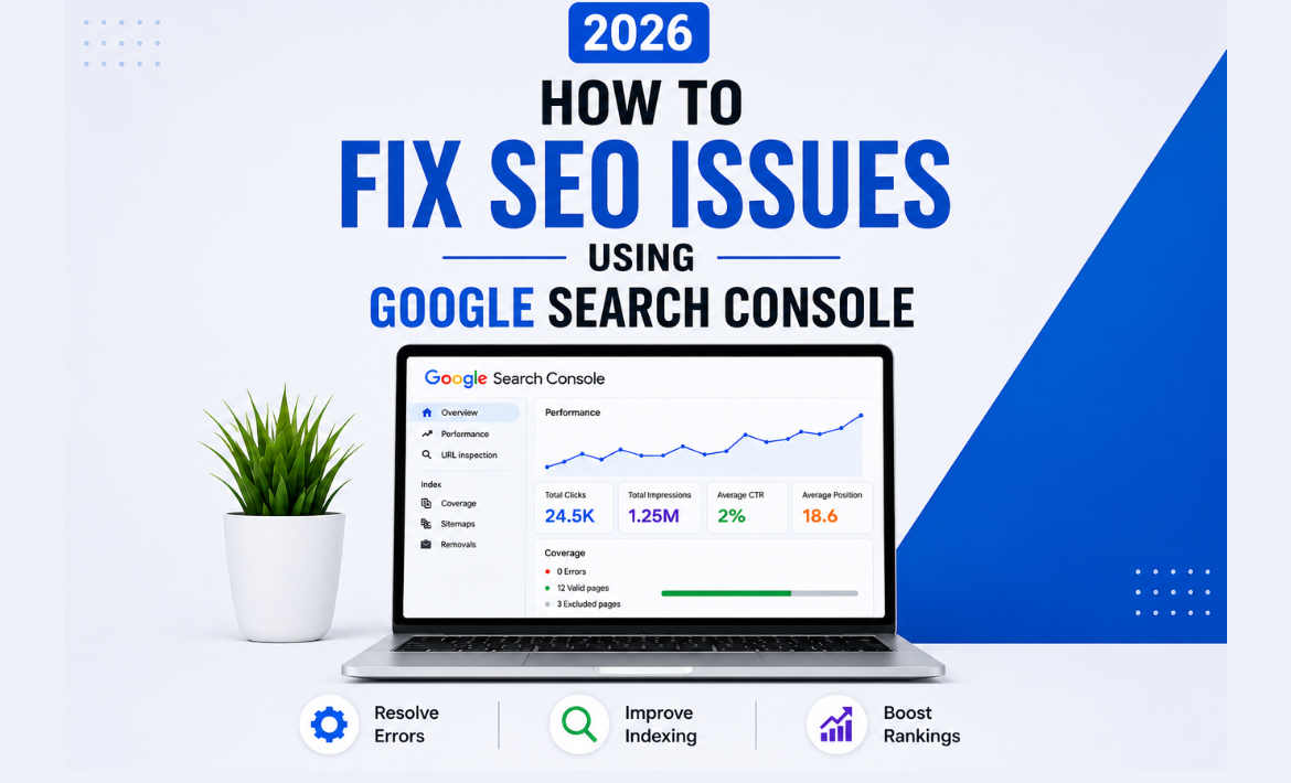 Laptop displaying Google Search Console dashboard with SEO performance metrics and text about fixing SEO issues in 2026.