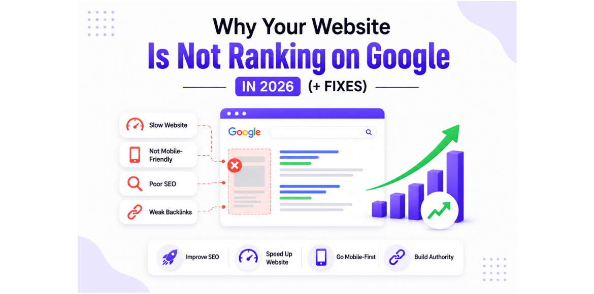 Why Your Website Is Not Ranking on Google in 2026 (+ Fixes) Infographic explaining why a website is not ranking on Google in 2026, highlighting common SEO issues such as slow website speed, poor mobile optimization, weak SEO, and low-quality backlinks, along with recommended fixes to improve search rankings.