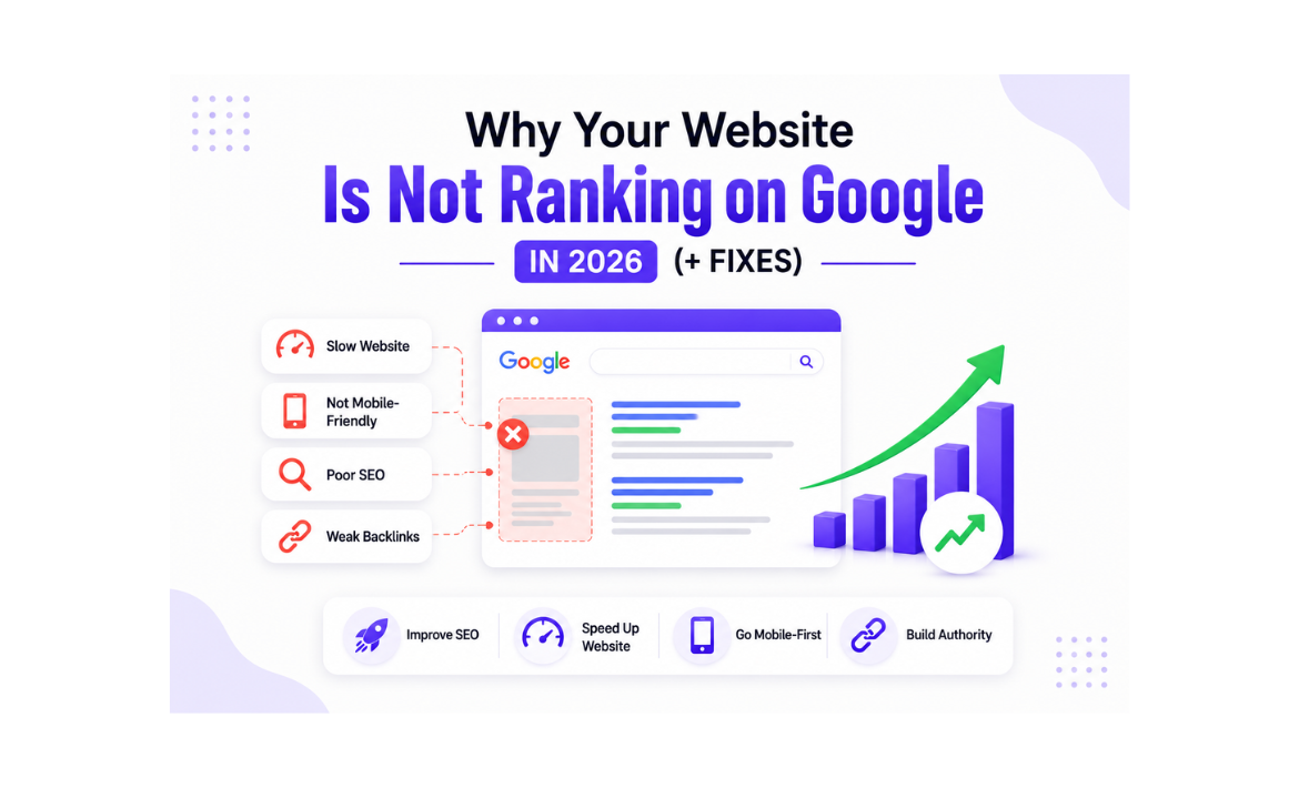 Infographic explaining why a website is not ranking on Google in 2026, highlighting common SEO issues such as slow website speed, poor mobile optimization, weak SEO, and low-quality backlinks, along with recommended fixes to improve search rankings.
