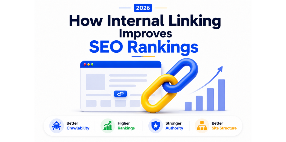 Internal linking SEO illustration showing connected website pages, chain links, and ranking growth elements representing improved SEO performance.